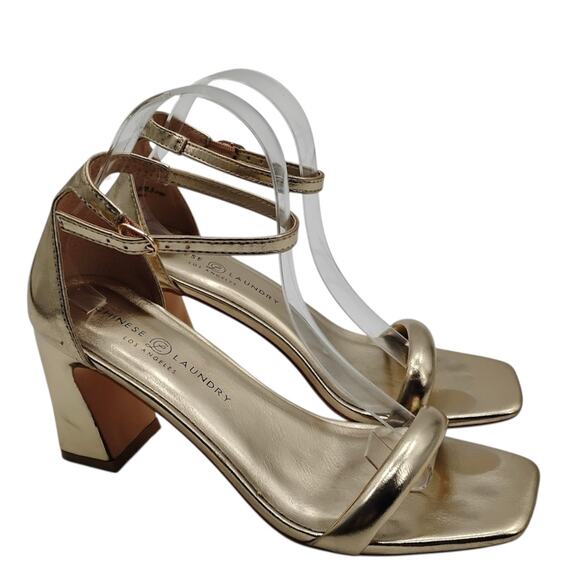 Chinese Laundry Velma Metallic Gold Heels Sandals Ankle Strap Size 38.5 8 - Picture 1 of 10